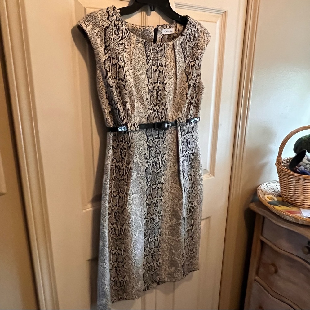 Calvin Klein Snakeskin Print Sheath Dress with Belt — Size 6